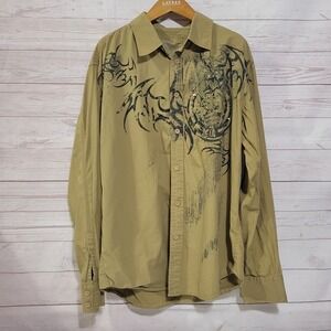 Brad Butter Button Up Shirt Mens XL Brown Tribal Wings Y2K Grunge Cyber Studded